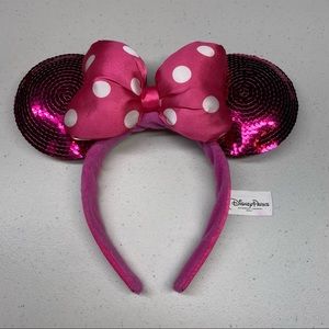 Disney Parks Minnie Mouse Ears Hot Pink Sequins Polka Dot Puffy Bow Headband